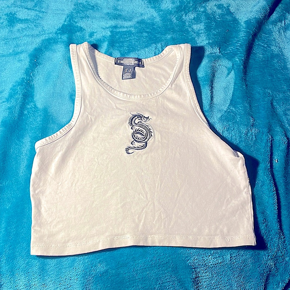 White very cropped tank top, small dragon print in the front, size L